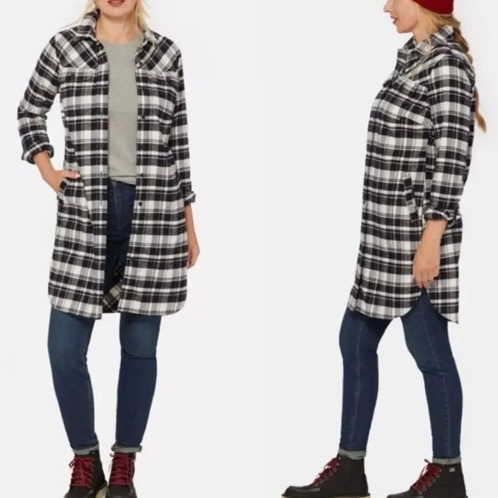 Duluth Trading Co Women XL Folklore Plaid Flannel Tunic Shirt Dress Duster
